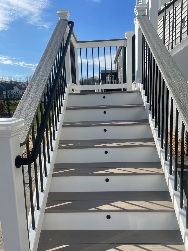 Close view of constructed deck stairs and railings